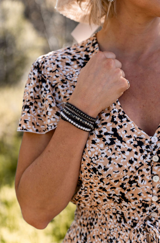 LWK Wrap Bracelet PYRITE, ONYX, WHITE HOWLITE, DALMATIAN JASPER when worn, Australian boho shop