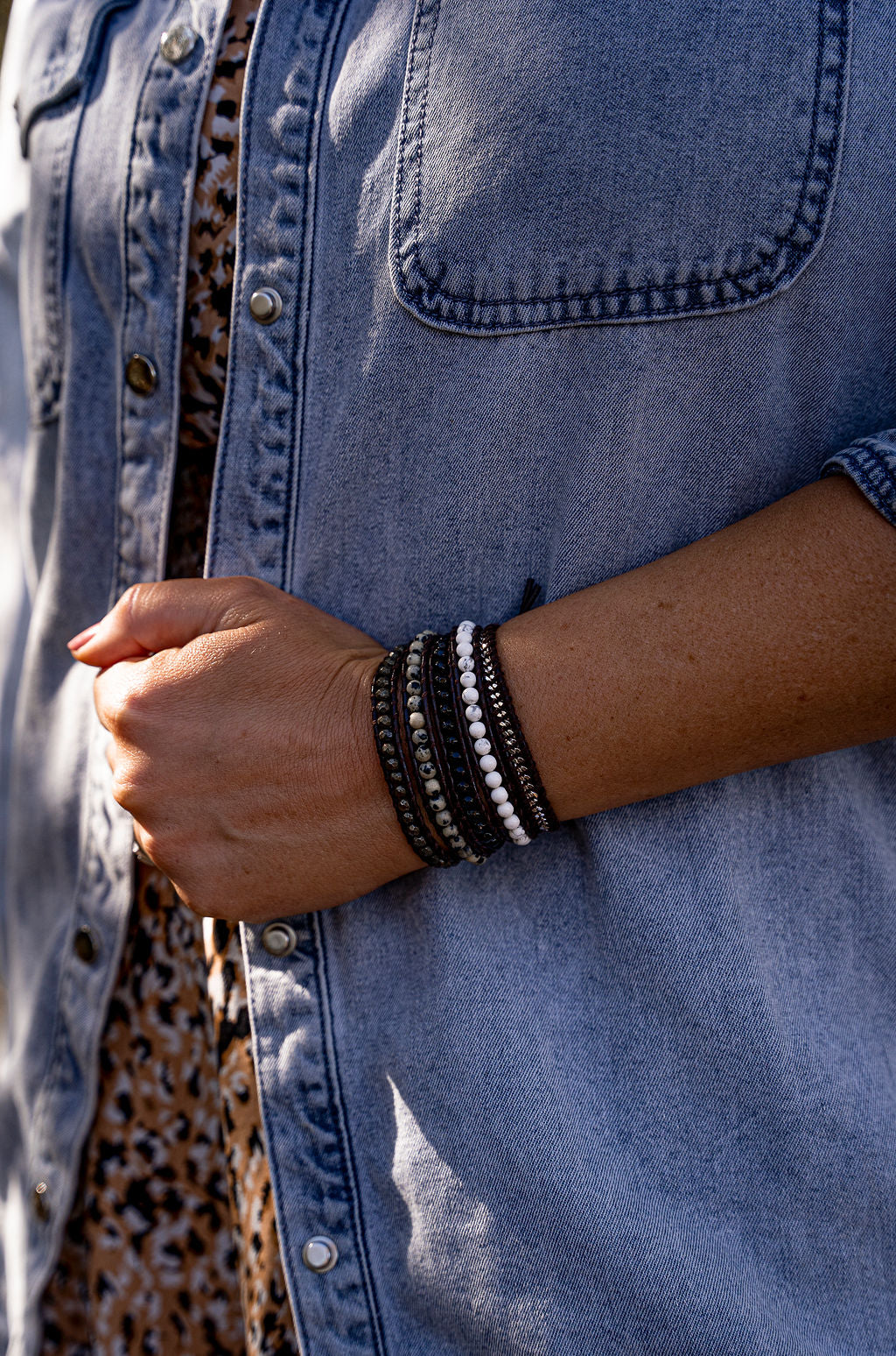 LWK Wrap Bracelet PYRITE, ONYX, WHITE HOWLITE, DALMATIAN JASPER when worn, Australian boho shop