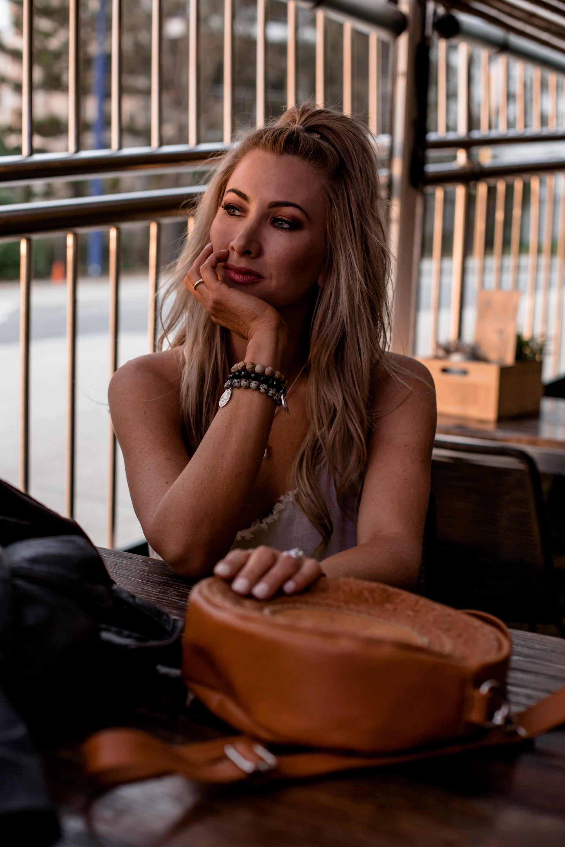 model wearing crystal-jewellery-for-gifts BRACELET | DALMATIAN JASPER