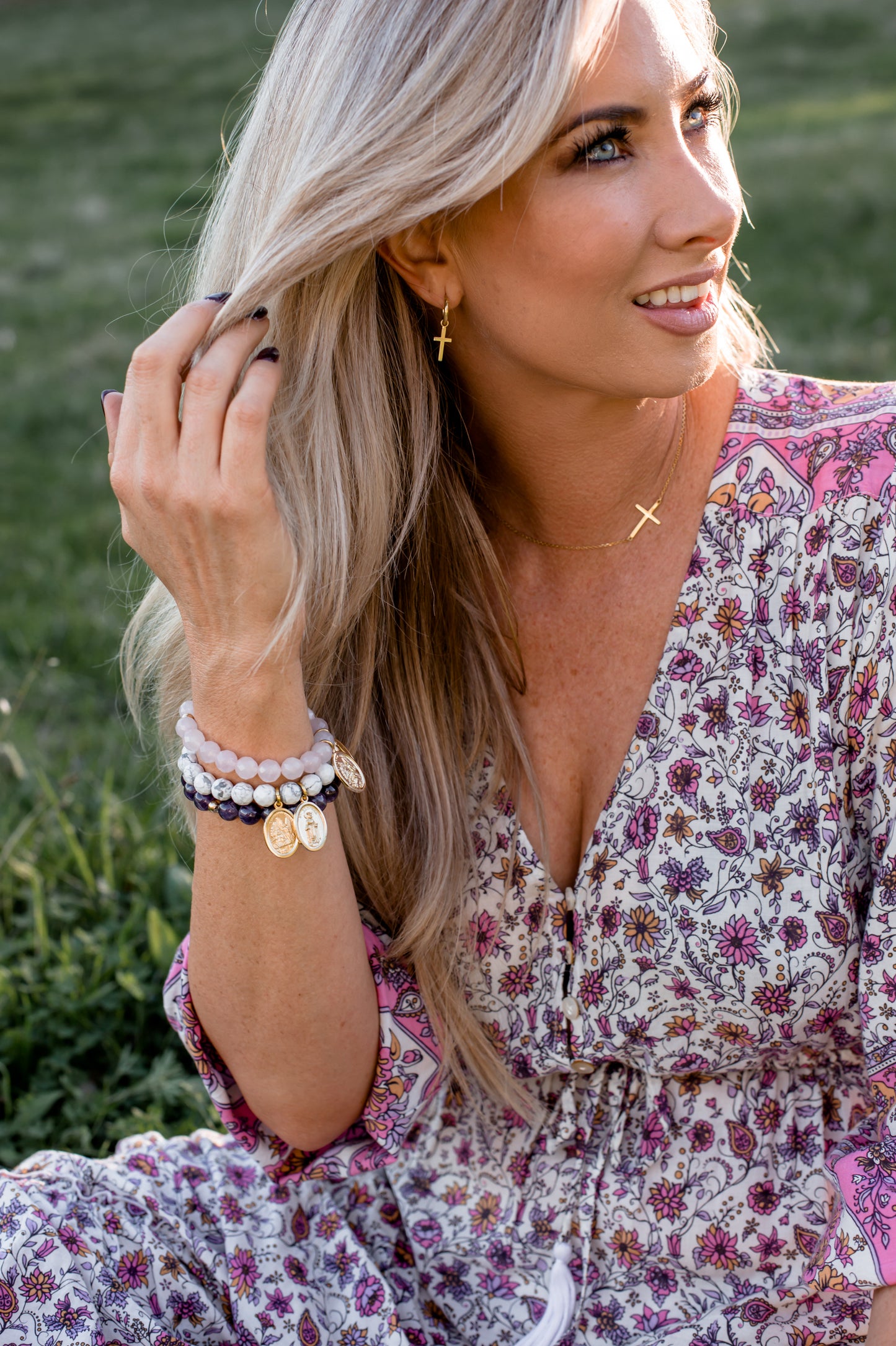 Model wearing Crystal Bracelets in Amethyst, White Howlite, and Rose Quartz