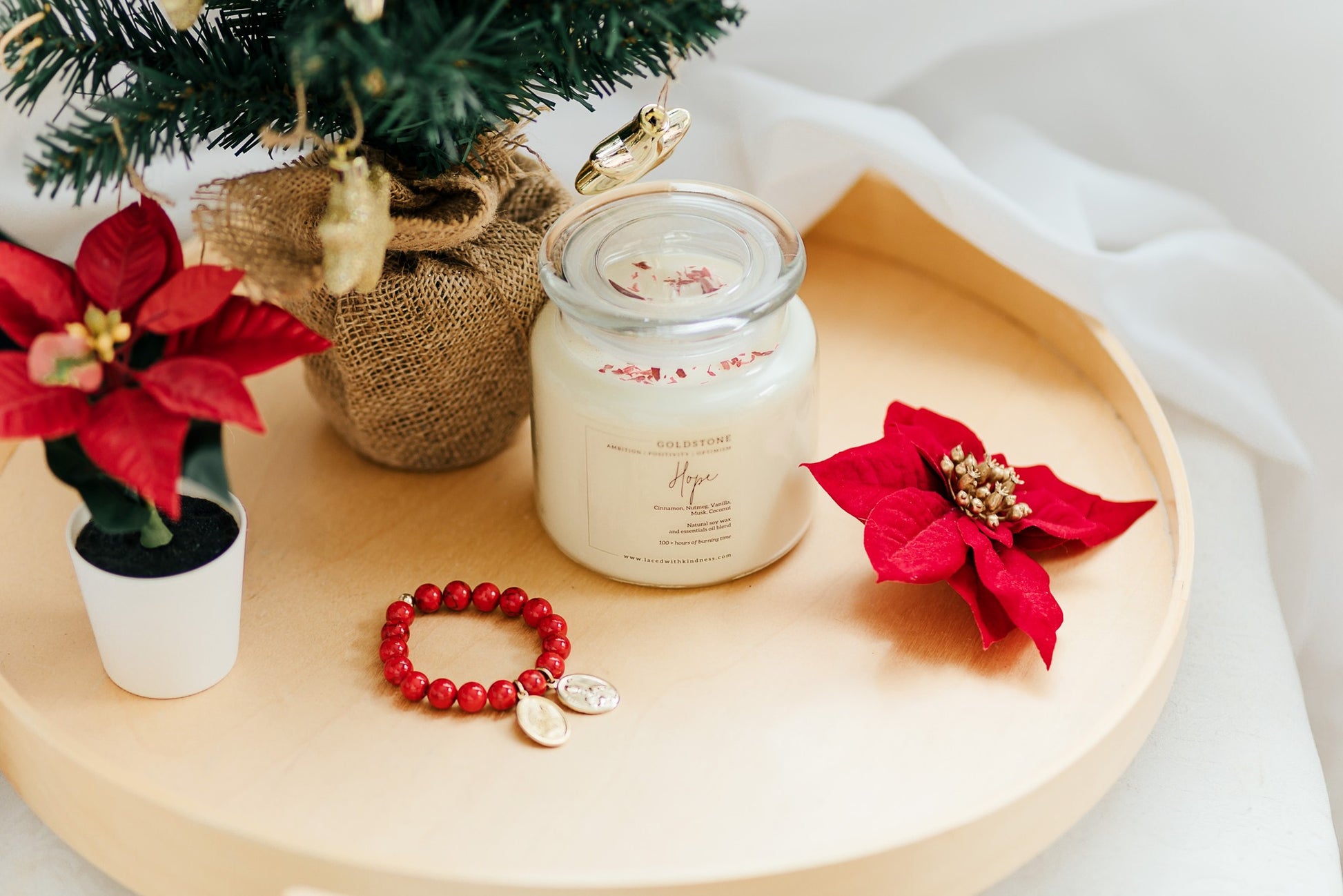 Hope Goldstone Crystal Candle; candle for clarity and positivity; Christmas Candle; Homeware; gifts; Red Magnesite bracelet;  Australian Boho Shop