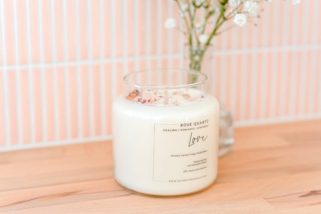 Candle Crystal Homewares Love Rose Quartz. Scent is Coconut, Caramel Fudge, Vanilla Bean. Candle is Glass, 